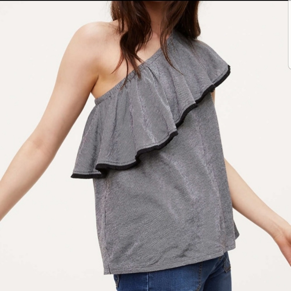 LOFT Micro-stripe One Shoulder Ruffle Top